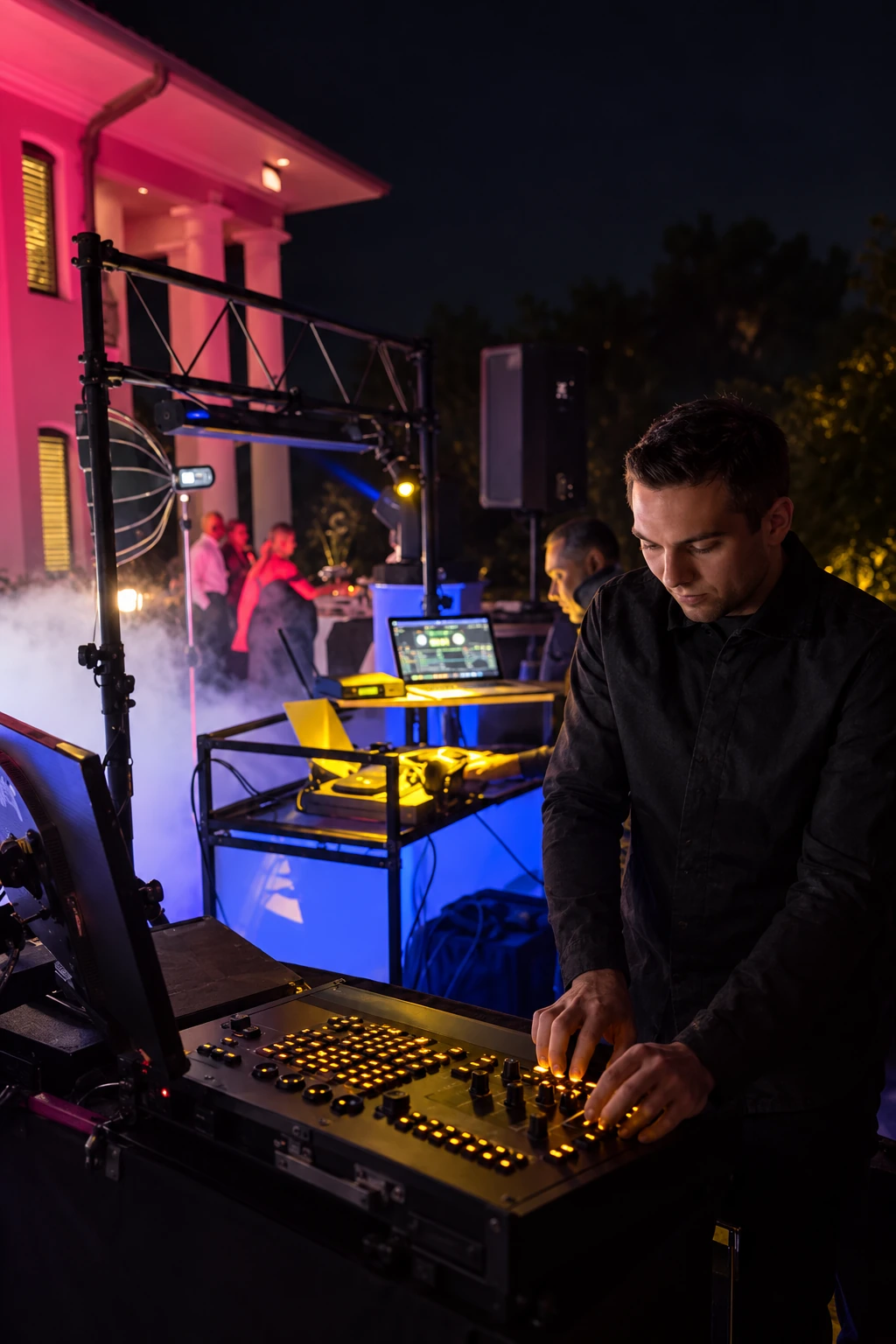 DJ working at an outdoor control console