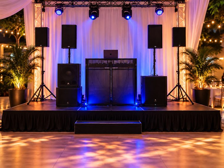 Complete DJ stage with speakers, subwoofers, booth facade, moving-head lights and truss