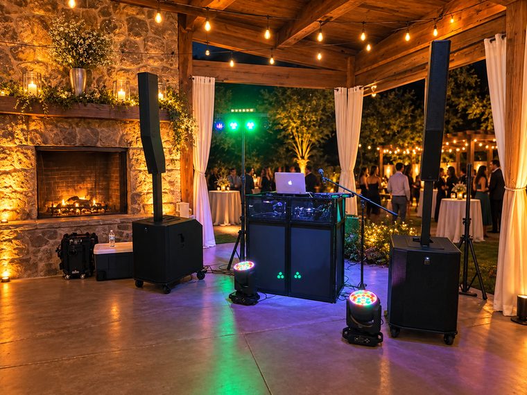 Two column-array systems, subwoofers, DJ booth and lighting arranged beside a fireplace for an evening event.