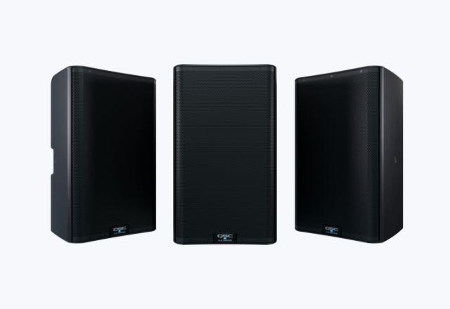 QSC powered speaker shown as representative wedding equipment