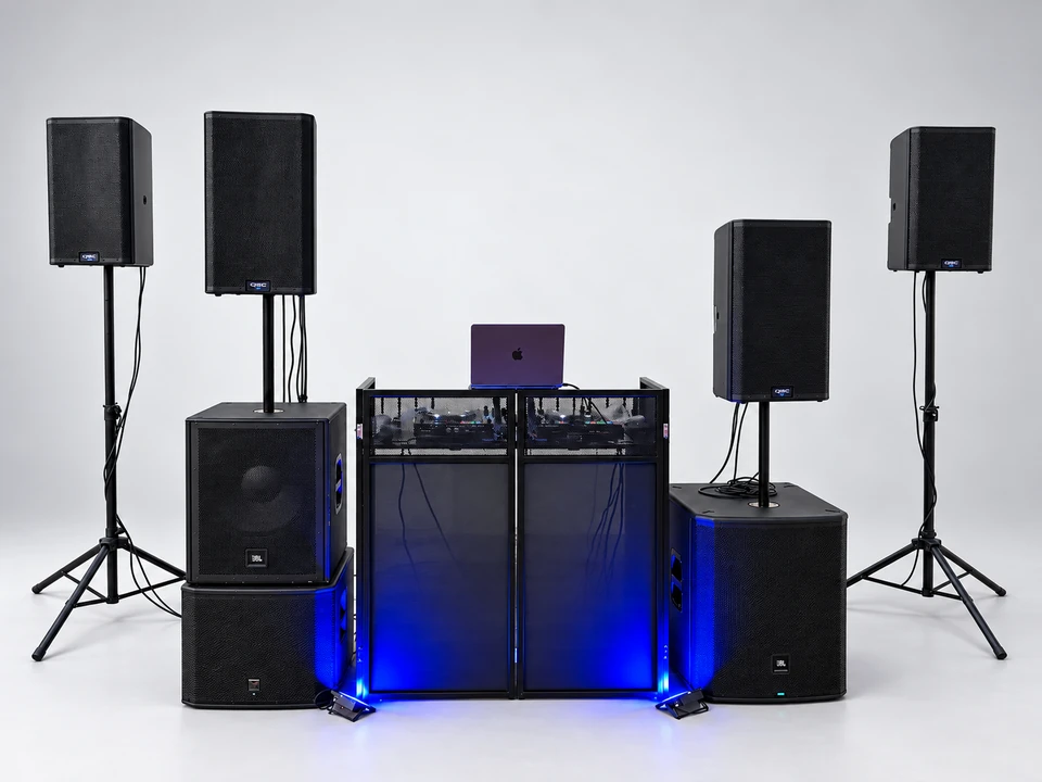 Speakers, subwoofers and DJ booth against a light-gray background